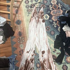 Women’s V-Neck Wide-Leg Jumpsuit in White and Brown